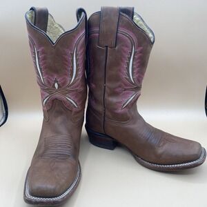 Cuatralba Western Cowboy Boots Womens 8 Brown Leather Pink Stitch Square Toe
